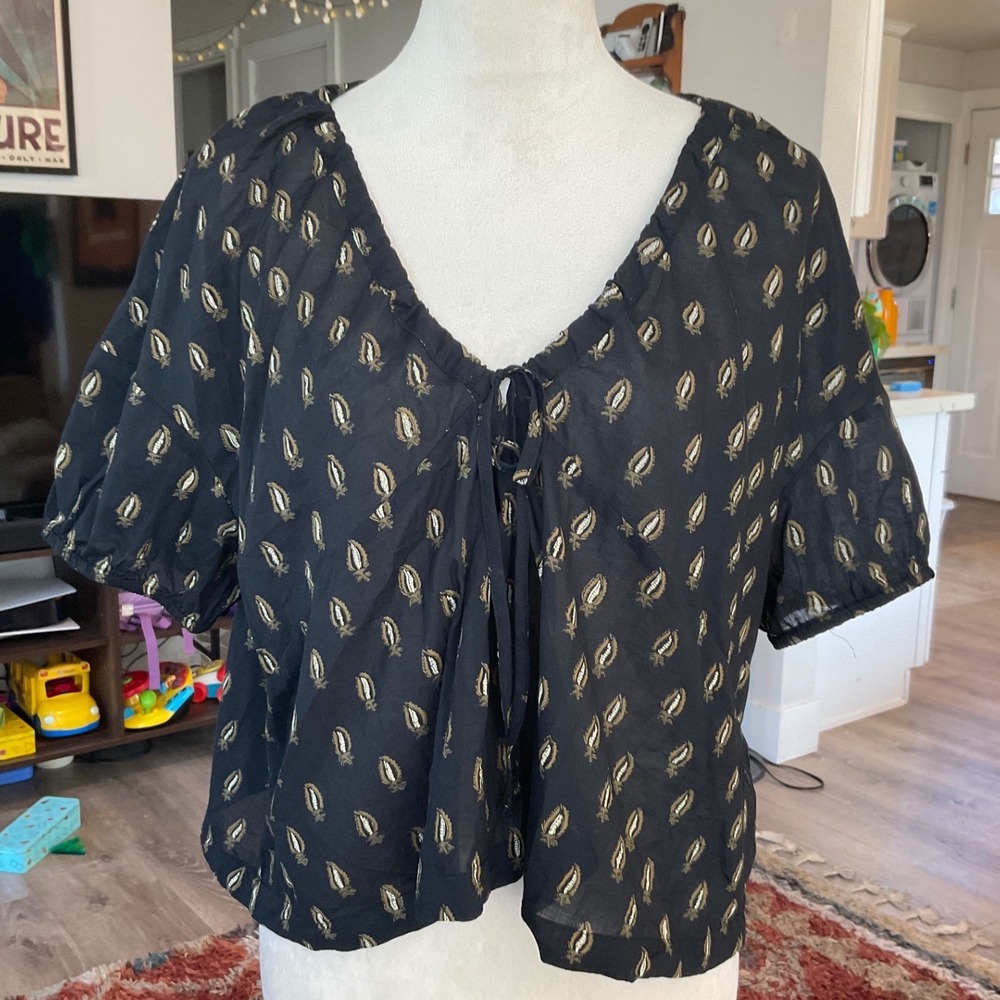 Banana Republic Botanical Tie Front Blouse Short Sleeve Large Whimsigoth Boho